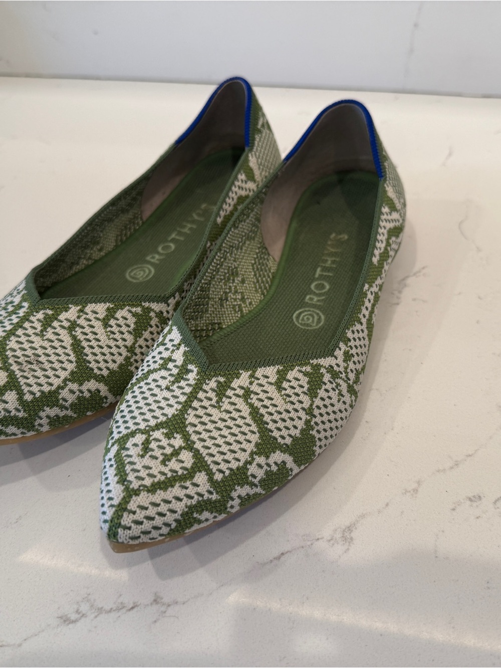 Rothy's Classic The Point - Green and White Pointed Knit Ballet Flats